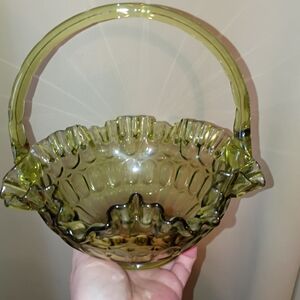Fenton Thumbprint Green Glass Basket with Handle